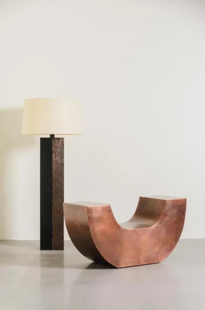 Robert Kuo Contemporary Pleats Design Floor Lamp in Copper and Black Lacquer by Robert Kuo