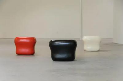 Robert Kuo Contemporary Red Lacquer Cushion Drumstool by Robert Kuo Limited Edition
