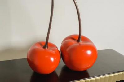 Robert Kuo Contemporary Red Lacquer and Copper Cherries Sculpture by Robert Kuo Limited