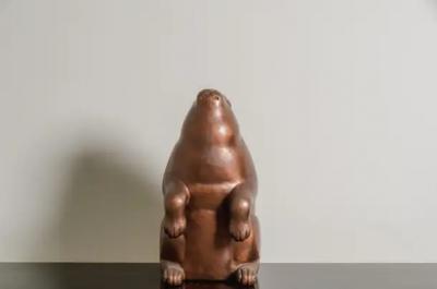 Robert Kuo Contemporary Repouss Antiqued Copper Sitting Rabbit Sculpture by Robert Kuo
