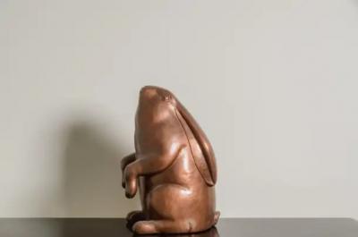 Robert Kuo Contemporary Repouss Antiqued Copper Sitting Rabbit Sculpture by Robert Kuo