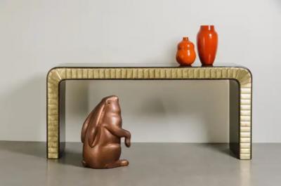 Robert Kuo Contemporary Repouss Antiqued Copper Sitting Rabbit Sculpture by Robert Kuo