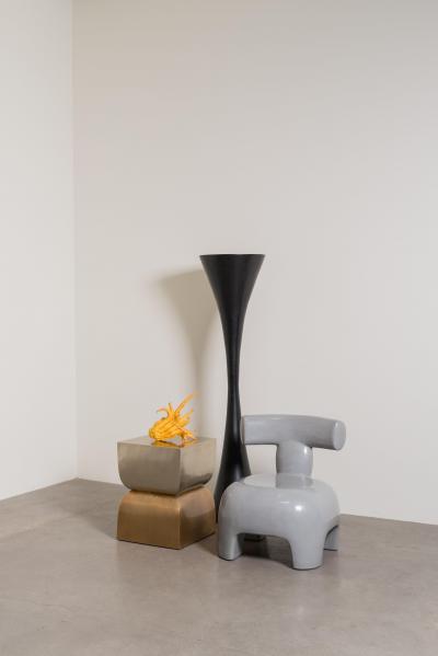 Robert Kuo Contemporary Repouss Brass and White Bronze Fang Duo Side Table by Robert Kuo