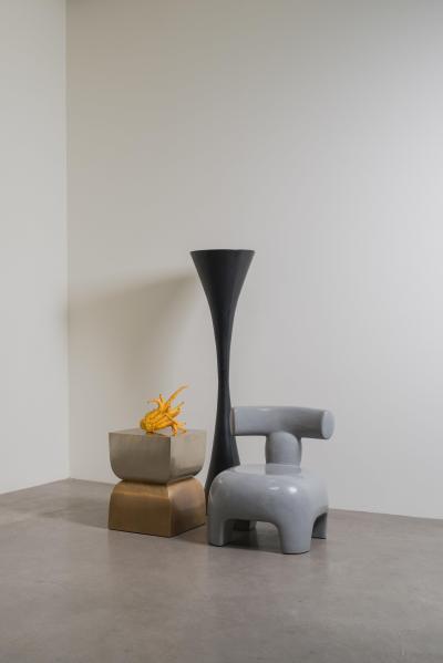 Robert Kuo Contemporary Repouss Brass and White Bronze Fang Duo Side Table by Robert Kuo