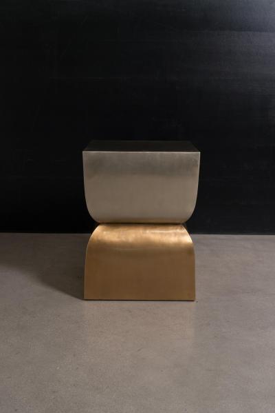 Robert Kuo Contemporary Repouss Brass and White Bronze Fang Duo Side Table by Robert Kuo