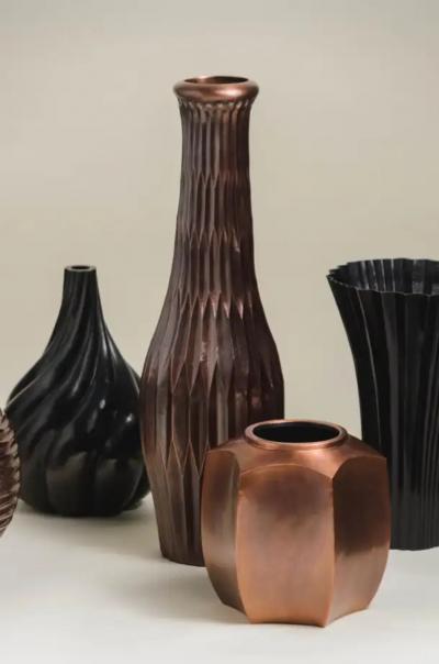 Robert Kuo Contemporary Repouss Hexagonal Short Jar in Antique Copper by Robert Kuo