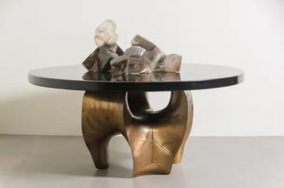 Robert Kuo Contemporary Repouss Lotus Leaf Shape Table Base in Brass by Robert Kuo