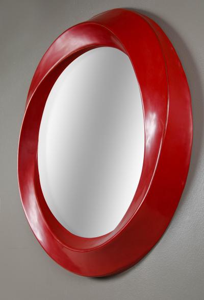 Robert Kuo Contemporary Repouss Red Lacquer San Hu Mirror by Robert Kuo