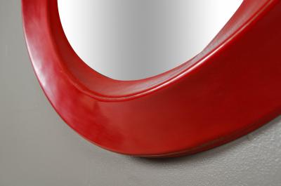 Robert Kuo Contemporary Repouss Red Lacquer San Hu Mirror by Robert Kuo