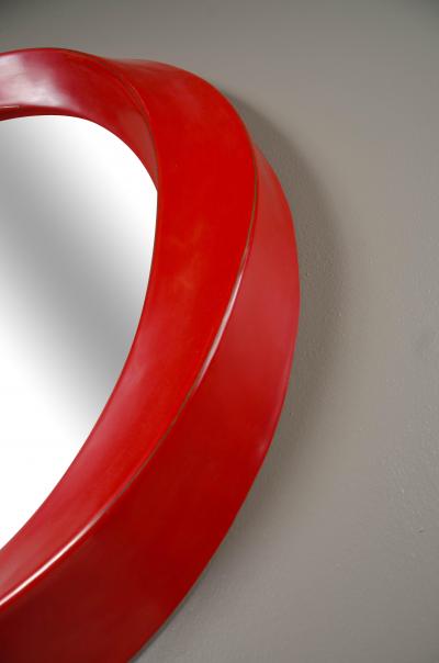 Robert Kuo Contemporary Repouss Red Lacquer San Hu Mirror by Robert Kuo