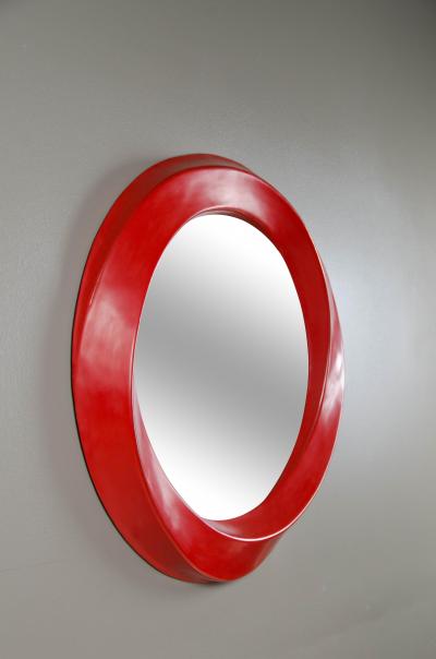 Robert Kuo Contemporary Repouss Red Lacquer San Hu Mirror by Robert Kuo