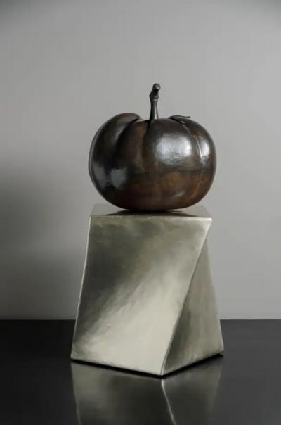 Robert Kuo Contemporary Repousse Tomato Sculpture in Dark Antique Copper by Robert Kuo