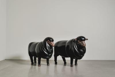 Robert Kuo Contemporary Sheep Sculpture Female in Black Lacquer and Copper by Robert Kuo