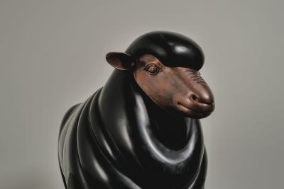 Robert Kuo Contemporary Sheep Sculpture Female in Black Lacquer and Copper by Robert Kuo