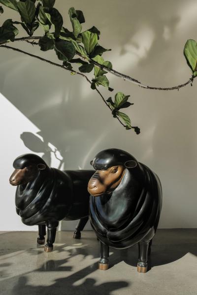 Robert Kuo Contemporary Sheep Sculpture Female in Black Lacquer and Copper by Robert Kuo