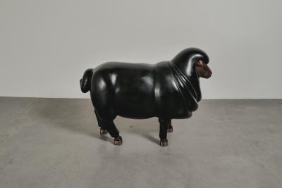 Robert Kuo Contemporary Sheep Sculpture Female in Black Lacquer and Copper by Robert Kuo