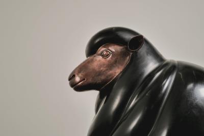 Robert Kuo Contemporary Sheep Sculpture Female in Black Lacquer and Copper by Robert Kuo