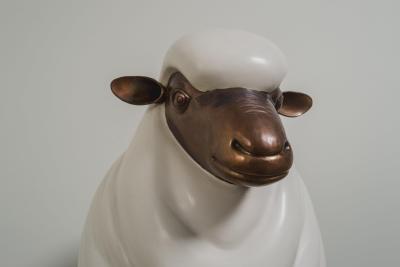 Robert Kuo Contemporary Sheep Sculpture Female in Cream lacquer and Copper by Robert Kuo