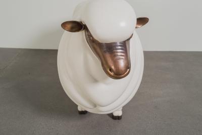 Robert Kuo Contemporary Sheep Sculpture Female in Cream lacquer and Copper by Robert Kuo