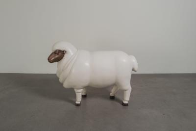 Robert Kuo Contemporary Sheep Sculpture Female in Cream lacquer and Copper by Robert Kuo