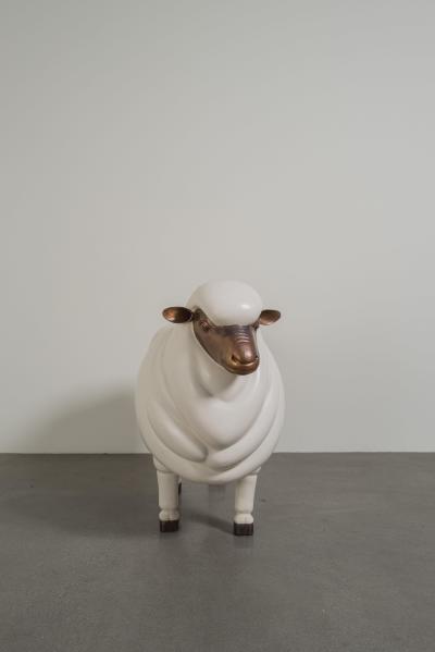 Robert Kuo Contemporary Sheep Sculpture Female in Cream lacquer and Copper by Robert Kuo