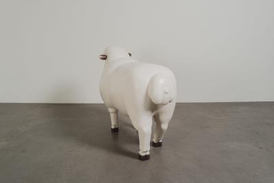 Robert Kuo Contemporary Sheep Sculpture Female in Cream lacquer and Copper by Robert Kuo