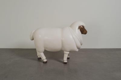 Robert Kuo Contemporary Sheep Sculpture Female in Cream lacquer and Copper by Robert Kuo