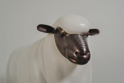 Robert Kuo Contemporary Sheep Sculpture Male in Cream Lacquer and Copper by Robert Kuo
