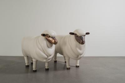 Robert Kuo Contemporary Sheep Sculpture Male in Cream Lacquer and Copper by Robert Kuo