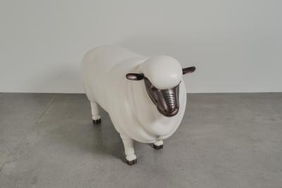 Robert Kuo Contemporary Sheep Sculpture Male in Cream Lacquer and Copper by Robert Kuo