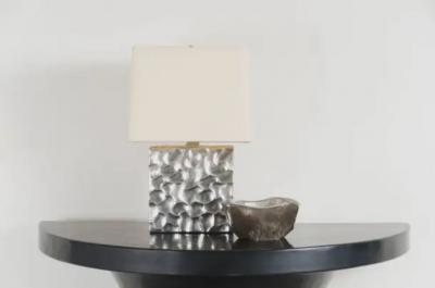 Robert Kuo Contemporary Silver Plated Rocco Cube Table Lamp by Robert Kuo Limited Edition