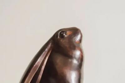 Robert Kuo Contemporary Sitting Rabbit Sculpture in Antique Copper by Robert Kuo