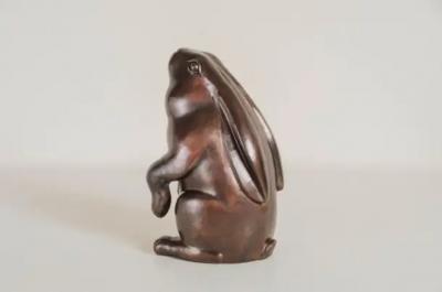 Robert Kuo Contemporary Sitting Rabbit Sculpture in Antique Copper by Robert Kuo