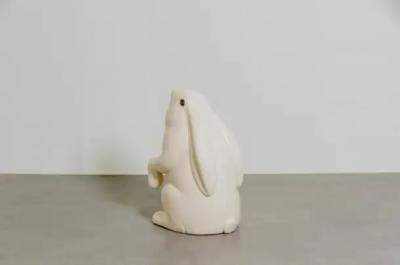 Robert Kuo Contemporary Sitting Rabbit Sculpture in Cream Lacquer by Robert Kuo