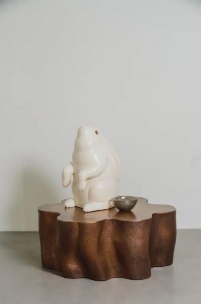 Robert Kuo Contemporary Sitting Rabbit Sculpture in Cream Lacquer by Robert Kuo