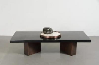 Robert Kuo Contemporary Six Petal Tray in Cream Lacquer and Antiqued Copper by Robert Kuo