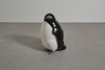 Robert Kuo Contemporary Small Penguin in Black and Cream Lacquer by Robert Kuo Limited