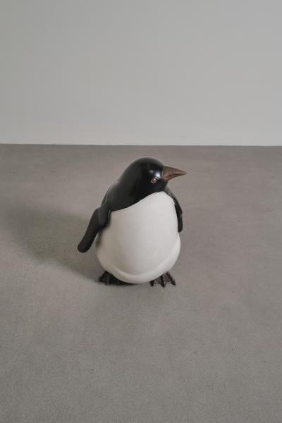Robert Kuo Contemporary Small Penguin in Black and Cream Lacquer by Robert Kuo Limited