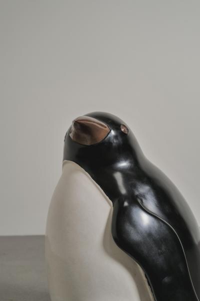Robert Kuo Contemporary Small Penguin in Black and Cream Lacquer by Robert Kuo Limited