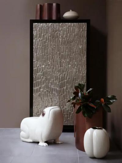 Robert Kuo Contemporary Tall Kuai Cabinet in White Bronze by Robert Kuo Limited Edition