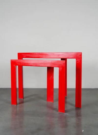 Robert Kuo Corner Nesting Table Red Lacquer by Robert Kuo Set of 2 Limited Edition