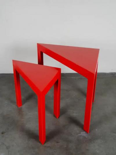 Robert Kuo Corner Nesting Table Red Lacquer by Robert Kuo Set of 2 Limited Edition