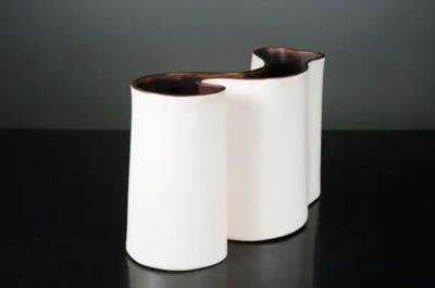 Robert Kuo Cream Lacquer Hand Repouss Root Vase with Copper Trim by Robert Kuo