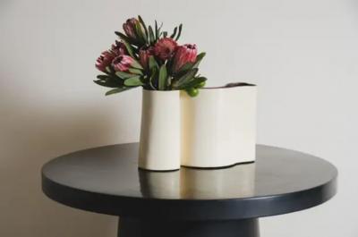 Robert Kuo Cream Lacquer Hand Repouss Root Vase with Copper Trim by Robert Kuo