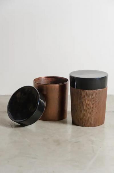 Robert Kuo Cylindrical Storage Drumstool Antique Copper and Black Lacquer by Robert Kuo