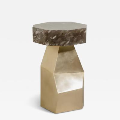 Robert Kuo Facet Side Table in Brass with Octagon Smoke Crystal Top by Robert Kuo