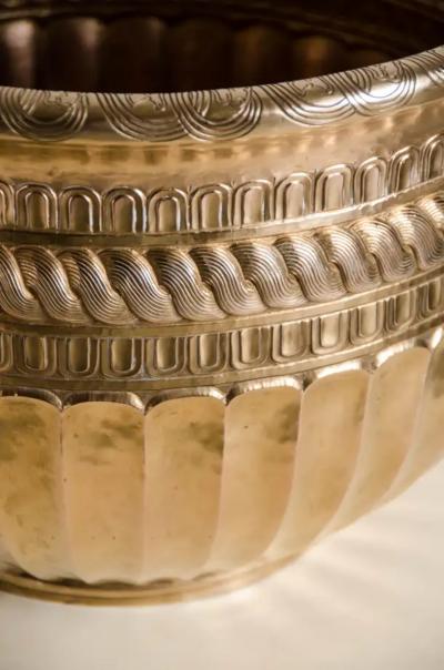 Robert Kuo Gold Tang Design Pot 24 Karat Gold Plate by Robert Kuo Hand Repousse Limited