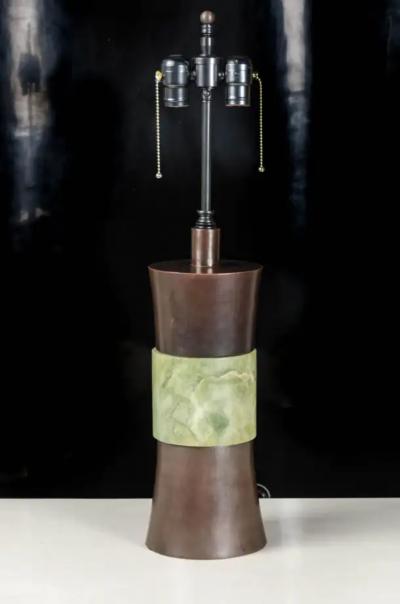 Robert Kuo Gu Copper Lamp W Nephrite Jade by Robert Kuo Hand Carved Repousse Limited