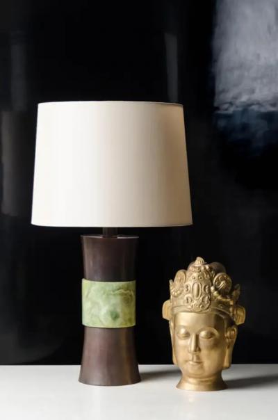 Robert Kuo Gu Copper Lamp W Nephrite Jade by Robert Kuo Hand Carved Repousse Limited