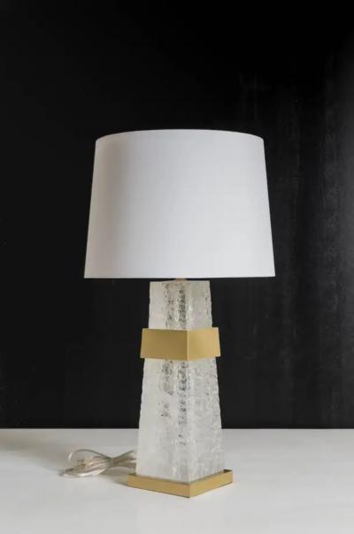 Robert Kuo Hand Carved Crystal Ta Shape Ice Carved w Brass Center Lamp by Robert Kuo